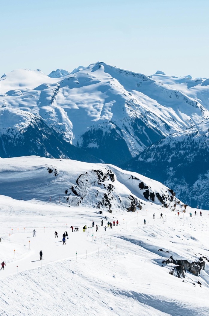 Skiers on a snowy alpine slope