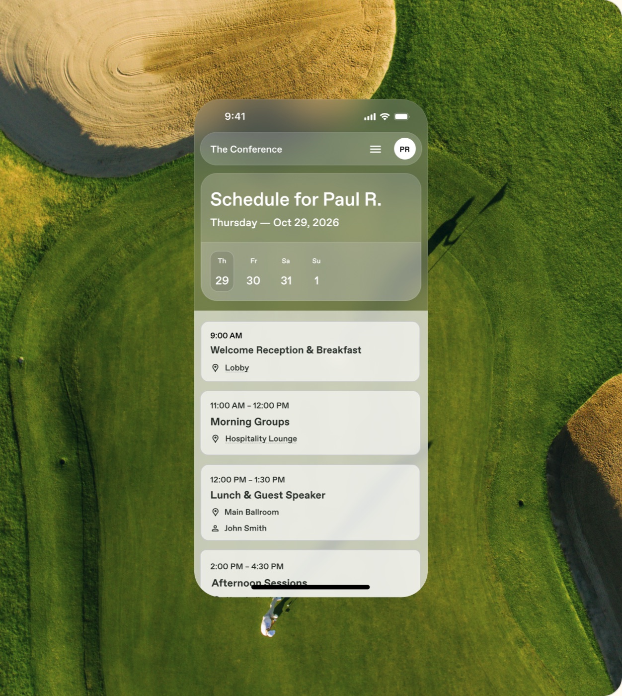 Personalized guest schedule mobile view over a golf course
